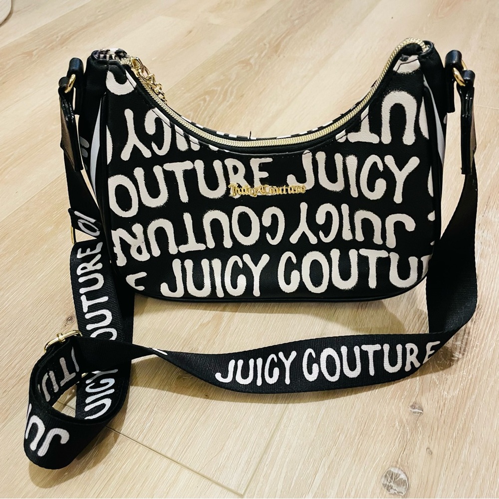 JUICY COUTURE Logo Crossbody Hobo Fan Club Bag w/Adjustable Strap Black & White